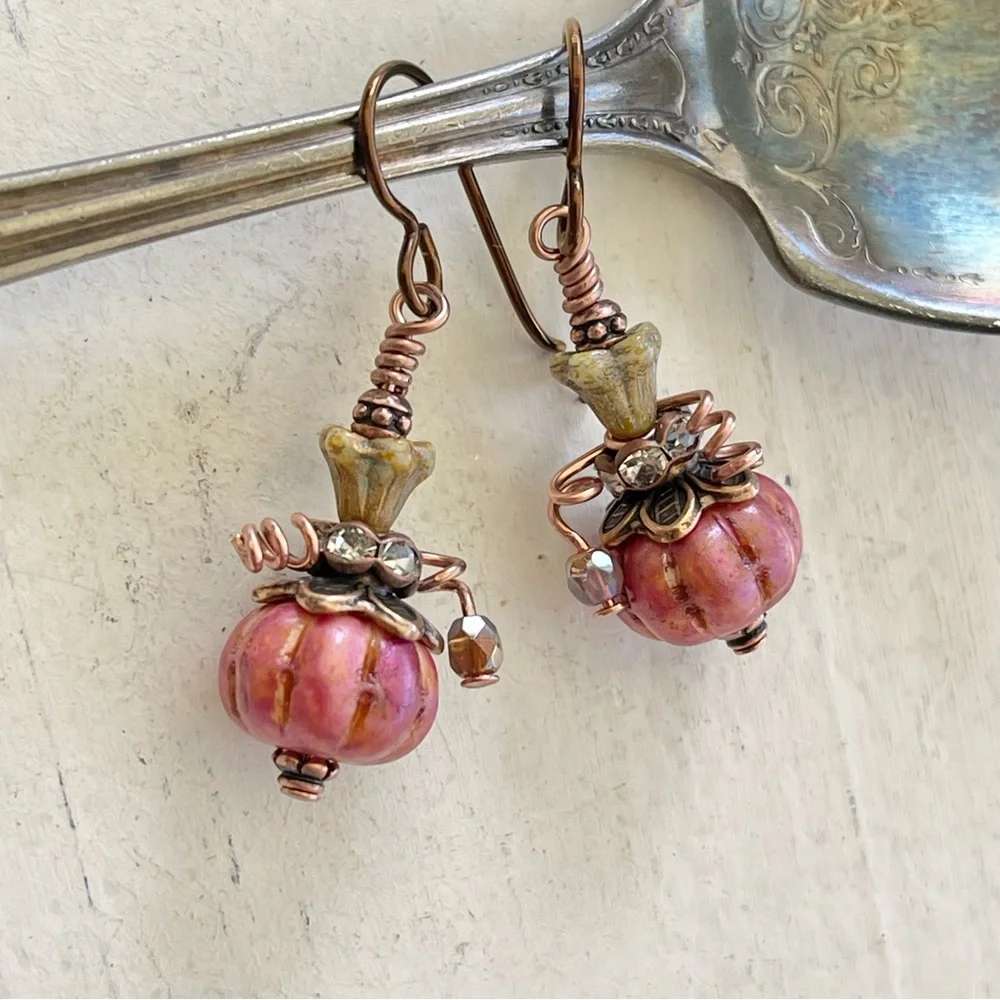 Hand Crafted “Pretty in Pink Pumpkin” Dangle Earrings - Picture 4 of 11